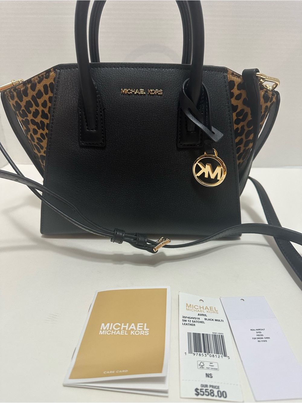 NWT Michael Kors Black Leather Satchel with Real Calf Hair Leopard Panels